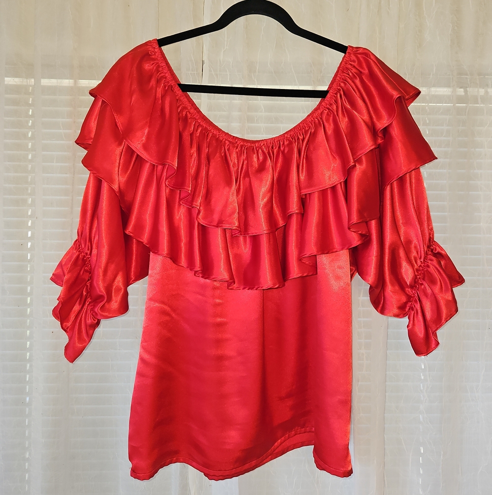 Sheplers Red Satin Off-Shoulder Ruffle Blouse